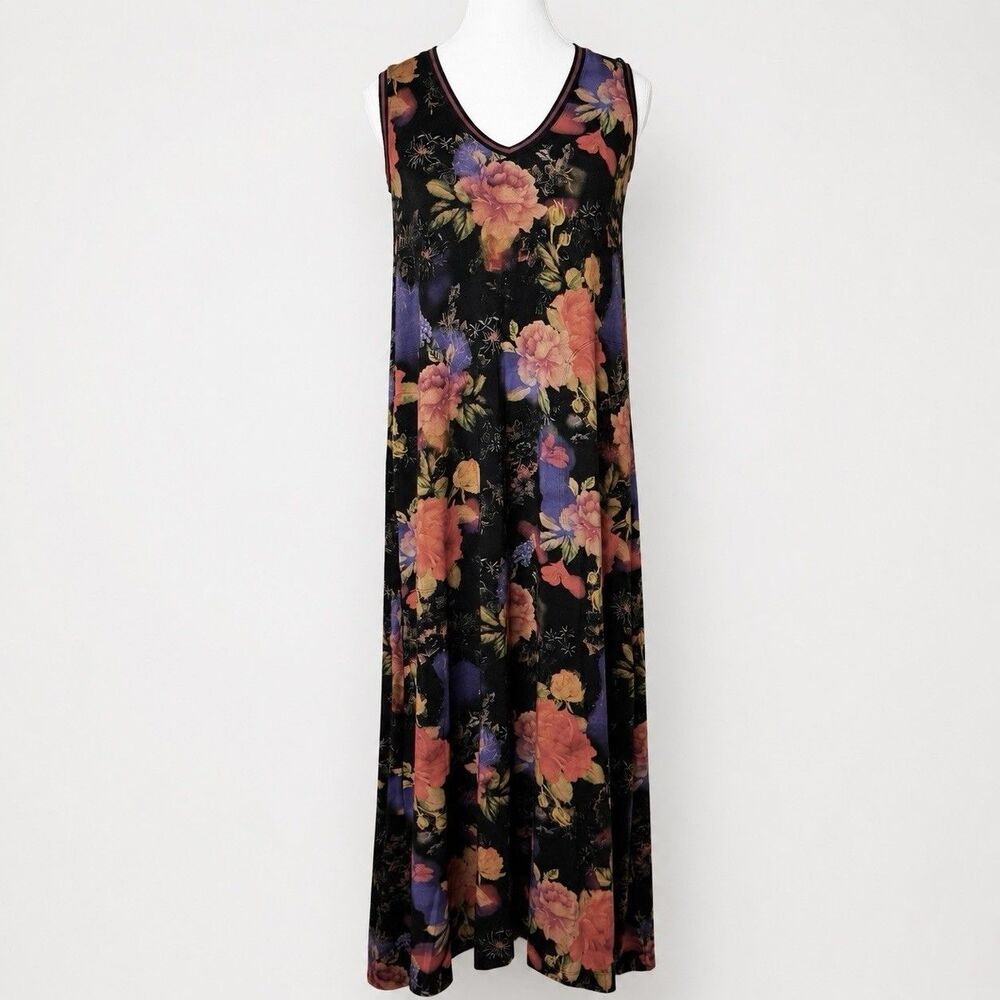 Johnny Was Bossa Nova V-Neck Maxi Dress XXS Black Floral Sleeveless Boho